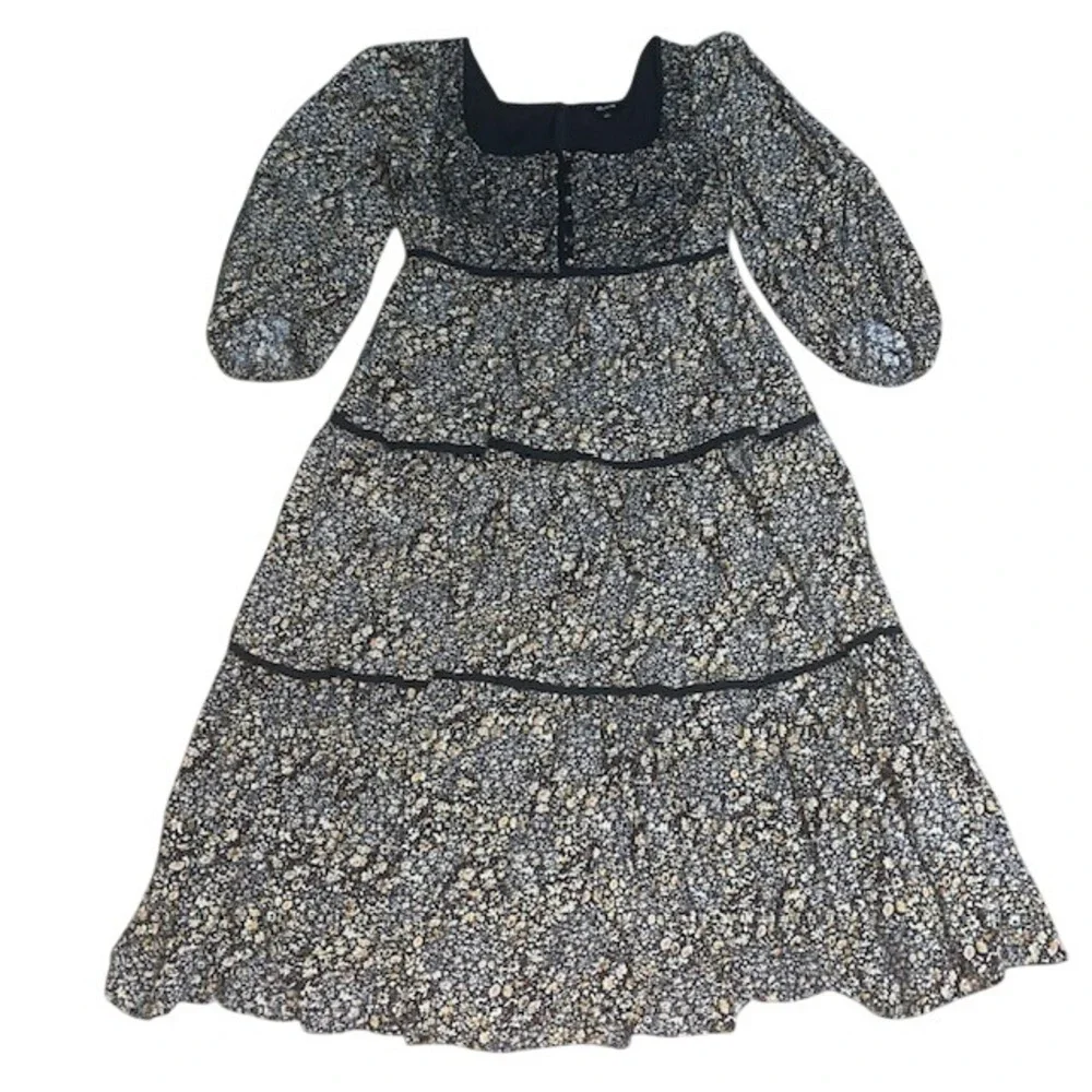 Madewell Cottage Garden Embroidered‎ Tiered Puff Sleeve Midi Dress Black 10